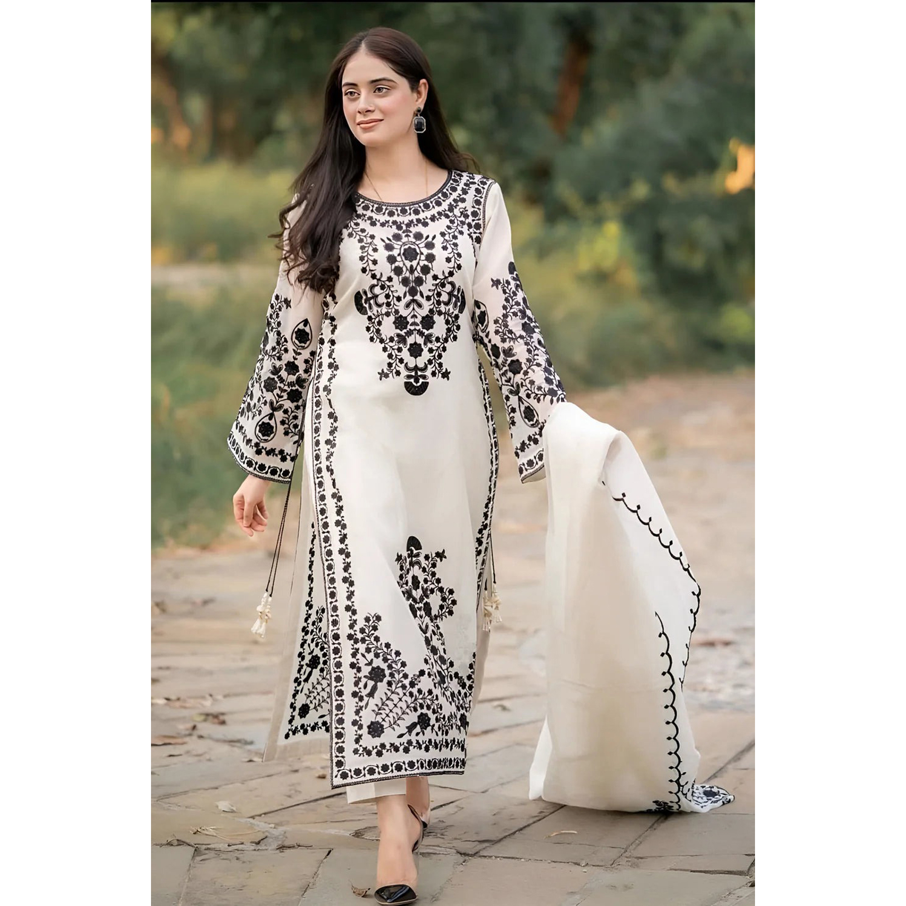 Luxury White Lawn Suit with Fine Black Embroidery  Premium Unstitched  3Piece Elegance - empirescollection.pk